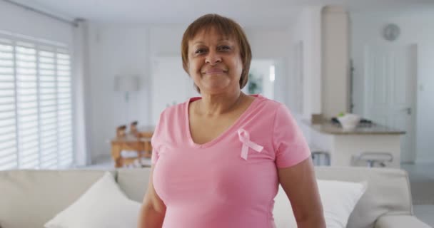 身穿粉色T恤和粉色乳腺癌带的非洲裔美国老年女性的画像 老年妇女生活方式和乳腺癌积极认识运动 — 图库视频影像