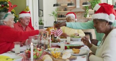 Noel Baba şapkalı bir grup mutlu kıdemli arkadaş evdeki Noel yemeği masasında kadeh kaldırıyor. Emeklilik hayatı, Noel kutlamaları, arkadaşlarla evde kutlama..