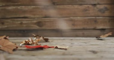 Havada uçan sonbahar yapraklarının ahşap yüzeye yakın görüntüsü. Sonbahar mevsimi konsepti
