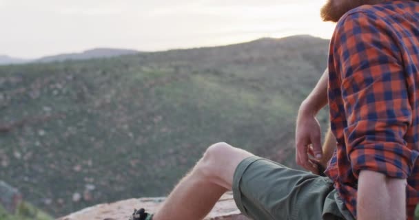 Bearded Caucasian Male Survivalist Admiring View Mountain Peak Wilderness Exploration — Stock Video