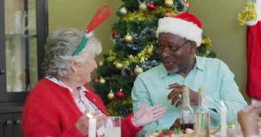 Noel Baba şapkalı mutlu çift evde Noel yemeği masasında konuşuyor. Emeklilik hayatı, Noel kutlamaları, arkadaşlarla evde kutlama..