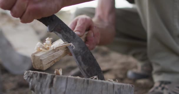 白人男性幸存者用砍刀在野外的营地准备火柴盒和柴火 自然求生者 — 图库视频影像