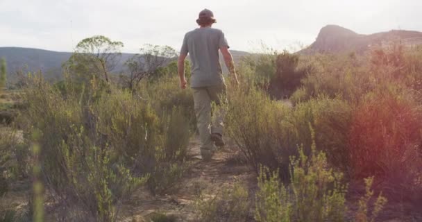 白人男性幸存者走在荒野的小径上探险 自然求生者 — 图库视频影像