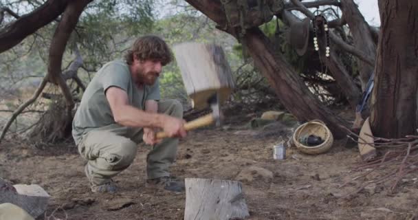 长胡子的高加索男性幸存者用斧头在野外的营地砍柴 自然求生者 — 图库视频影像