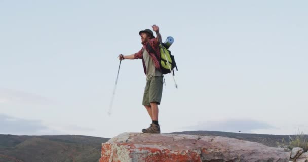 Happy Caucasian Male Survivalist Celebrating Arms Air Mountain Peak Wilderness — Stock Video