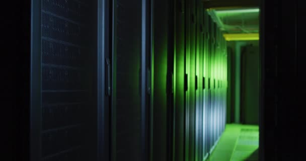 技术室的计算机服务器上反射出绿色控制灯 信息技术 数据处理和计算机 — 图库视频影像