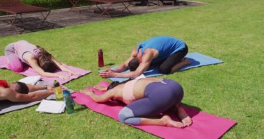 Çeşitli gruplar yoga yapıyor, paspaslar üzerinde diz çöküyor ve güneşli parkta esneme hareketleri yapıyor. fitness, sağlıklı hobiler ve açık havada aktif yaşam tarzı.