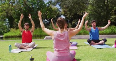 Kafkas kadın eğitmenin park alanında çeşitli gruplarla yoga çalışmasına dik bir bakış. fitness, sağlıklı hobiler ve açık havada aktif yaşam tarzı.