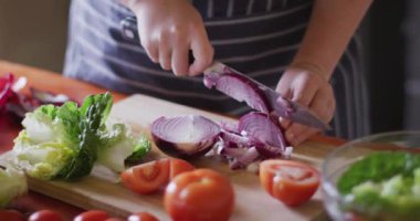 Beyaz kadın salata hazırlıyor, mutfakta sebze doğruyor. Kırsal kesimdeki organik çiftlikte çiftçilik, sağlıklı yaşam tarzı..