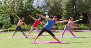 Çeşitli gruplar erkek eğitmenle yoga yapıyor, güneşli parkta minderlerin üzerinde duruyorlar. fitness, sağlıklı hobiler ve açık havada aktif yaşam tarzı.