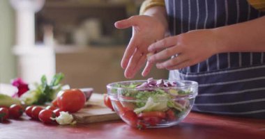 Beyaz bir kadının mutfakta salata hazırladığı bölüm. Kırsal kesimdeki organik çiftlikte çiftçilik, sağlıklı yaşam tarzı..