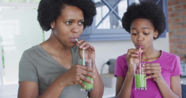 Gelukkige Afro Amerikaanse Moeder Dochter Die Gezond Drinken Keuken Gezinsleven — Stockvideo