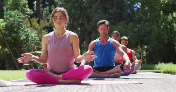 Diverse Männliche Und Weibliche Gruppen Praktizieren Yoga Sitzend Einer Reihe — Stockvideo