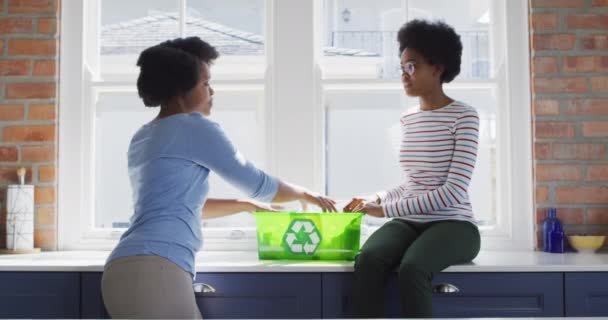 幸せなアフリカ系アメリカ人の母親と娘が台所でリサイクルしている 家庭での家庭生活と質の高い家庭生活 — ストック動画