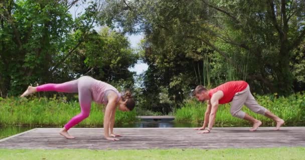 Kaukasische Frau Und Mann Die Freien Yoga Praktizieren Stehen Händchenhaltend — Stockvideo