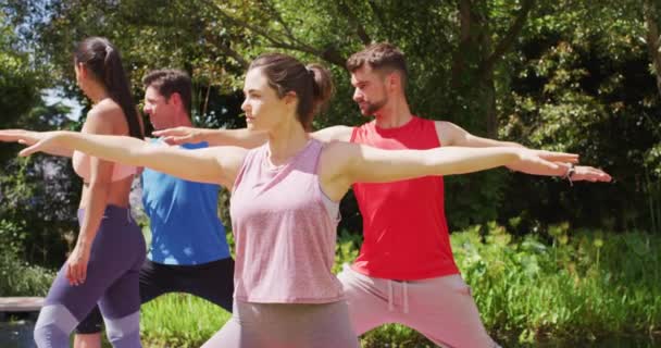 Çeşitli Gruplar Sunny Park Yoga Yapıyor Asyalı Kadın Eğitmen Yardım — Stok video