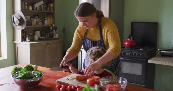 Feliz Madre Caucásica Hijo Picando Verduras Cocina Granja Estilo Vida — Vídeos de Stock