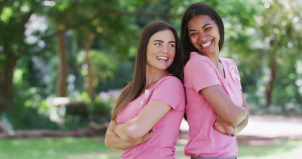 Portrait Two Smiling Diverse Women Pink Shirts Cancer Ribbons Back — Stock Video