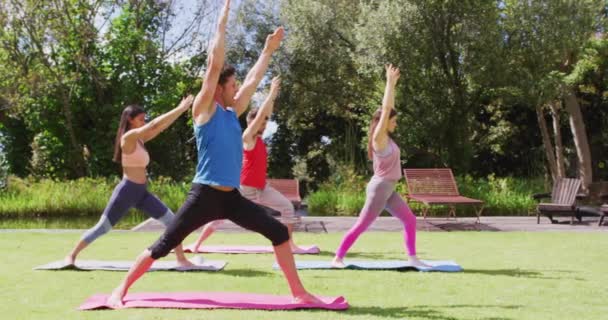 Diverse Gruppen Praktizieren Yoga Mit Männlichen Instruktoren Die Auf Matten — Stockvideo