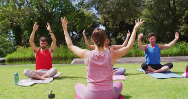 Rückansicht Einer Kaukasischen Lehrerin Die Park Yoga Mit Verschiedenen Gruppen — Stockvideo