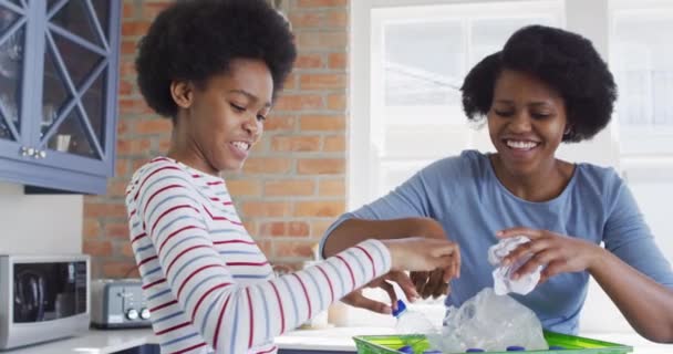 Feliz Madre Afroamericana Hija Reciclando Juntas Cocina Vida Doméstica Calidad — Vídeos de Stock