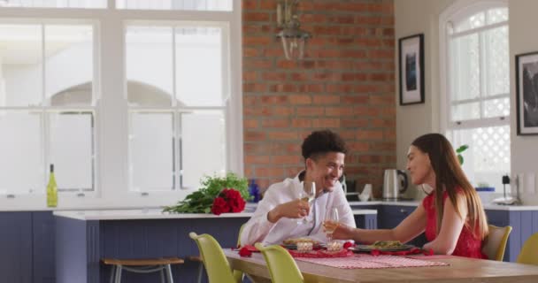 一对快乐的小鸟夫妇在家里吃情人节庆祝餐 情人节的庆祝活动 浪漫和在家里共度美好时光 — 图库视频影像