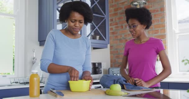 快乐的非洲裔美国母亲和女儿为学校打包午餐 家庭生活和家庭共同生活质量 — 图库视频影像