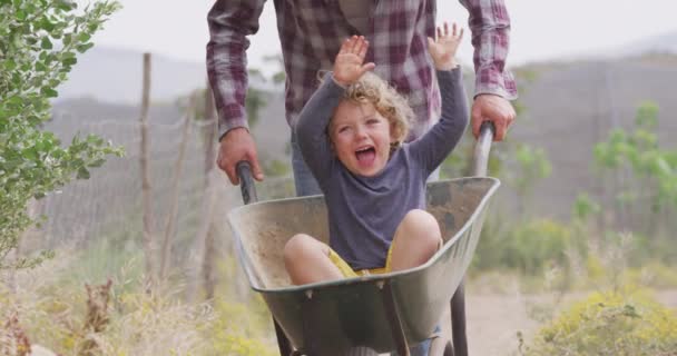 Happy Caucasian Father Son Pushing Wheelbarrow Homesteading Healthy Lifestyle Organic — Stock Video