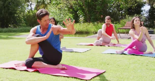 Diverse Gruppen Von Männern Und Frauen Praktizieren Yoga Sitzend Auf — Stockvideo