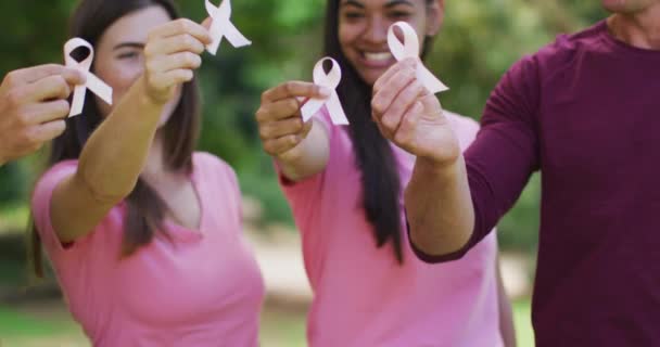不同群体的男人和女人在公园里笑着拿着乳腺癌彩带的画像 健康与积极 乳腺癌意识运动 — 图库视频影像