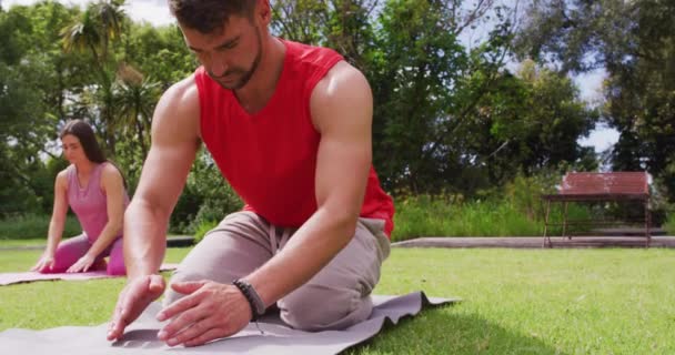 Diverso Grupo Hombres Mujeres Practicando Yoga Arrodillados Sobre Esteras Parque — Vídeos de Stock