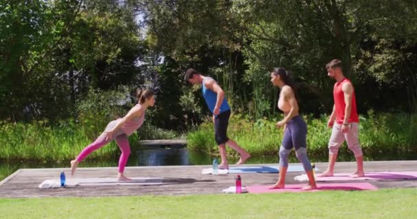 Kafkas Kadın Yoga Eğitmeni Çeşitli Gruplar Güneşli Parkta Yoga Pozu — Stok video