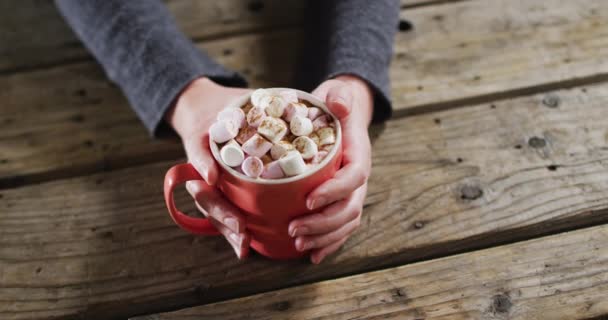 Close Άποψη Των Χεριών Κρατώντας Μια Ζεστή Σοκολάτα Marshmallows Κατά — Αρχείο Βίντεο