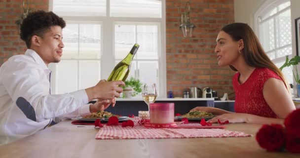 Happy Biracial Couple Having Valentine Day Celebration Meal Home Valentine — Stock Video