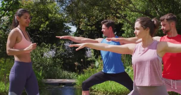 Olika Grupp Som Utövar Yoga Poserar Solig Park Med Asiatisk — Stockvideo