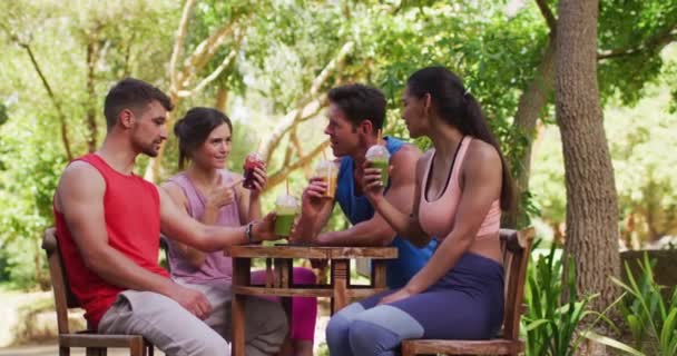 Усміхнена Різноманітна Група Сидить Столом Медичними Напоями Розмовляє Після Йоги — стокове відео
