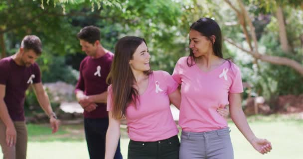 两个穿着粉色T恤和癌症彩带的快乐女人 在公园里拥抱和弯曲着二头肌 健康与积极 乳腺癌意识运动 — 图库视频影像