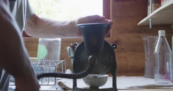 Senior Caucasian Man Preparing Coffee Coffee Grinder Kitchen Relaxation Happiness — Stock Video