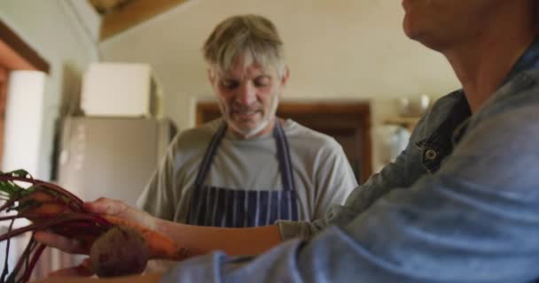 Een Glimlachend Blank Stel Dat Schorten Draagt Kookt Keuken Pensionering — Stockvideo