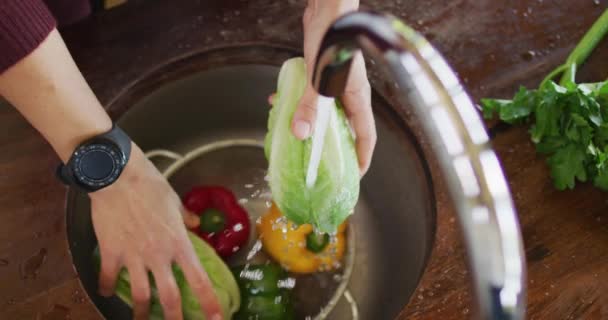 Χέρια Καυκάσιας Εγκύου Που Πλένει Λαχανικά Στην Κουζίνα Αναμένουν Μωρό — Αρχείο Βίντεο