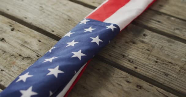 Close American Flag Stars Stripes Lying Wooden Background Patriotism Celebration — Stock Video