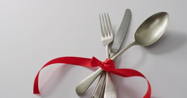 Cutlery Red Ribbon Pink Background Valentine Day Valentine Day Love — Stock Video