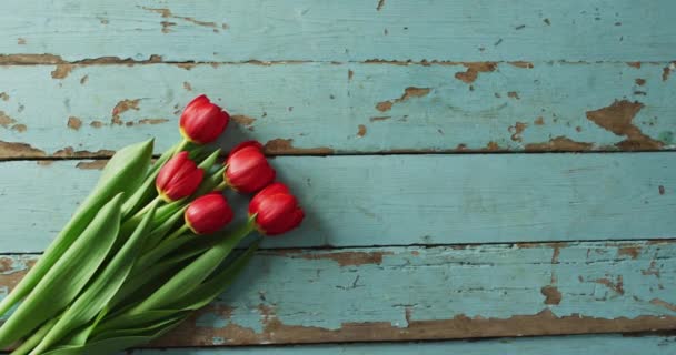 Ramo Tulipanes Rojos Sobre Fondo Madera Día San Valentín Día — Vídeos de Stock