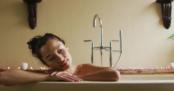 Portrait Relaxed Biracial Woman Lying Bath Thinking Beauty Wellness Self — Stockvideo