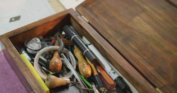 Close Box Full Tools Leather Workshop Independent Small Business Craftsman — Stock Video