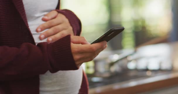 Beyaz Hamile Bir Kadının Elleri Karnına Dokunuyor Akıllı Telefon Kullanıyor — Stok video
