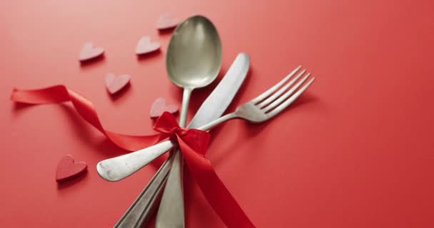 Red Ribbon Cutlery Hearts Red Background Valentine Day Valentine Day — Stock Video