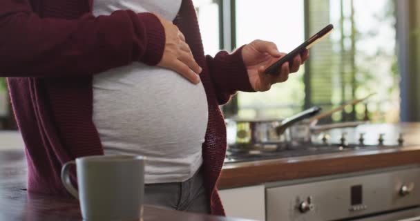 Μεσοτομή Της Καυκασίας Έγκυος Γυναίκα Αγγίζοντας Την Κοιλιά Και Χρησιμοποιώντας — Αρχείο Βίντεο