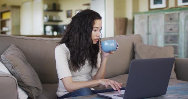 一个漂亮的女人喝咖啡 坐在沙发上 用笔记本电脑 家庭生活方式 呆在家里 — 图库视频影像