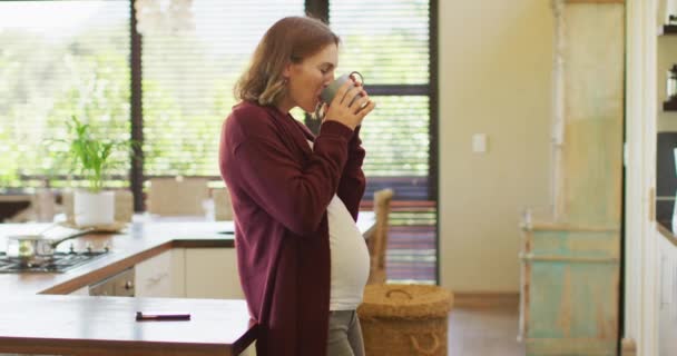 Donna Incinta Caucasica Piedi Cucina Toccando Pancia Bevendo Gravidanza Maternità — Video Stock